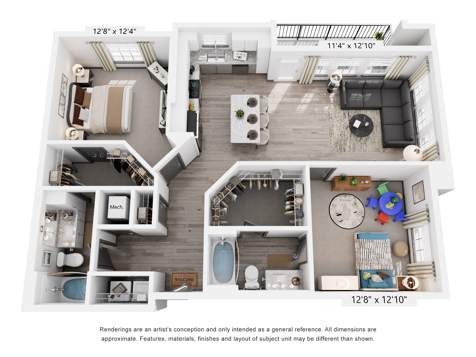 Floor plan for 2 beds, 2 baths, 1230 sqft